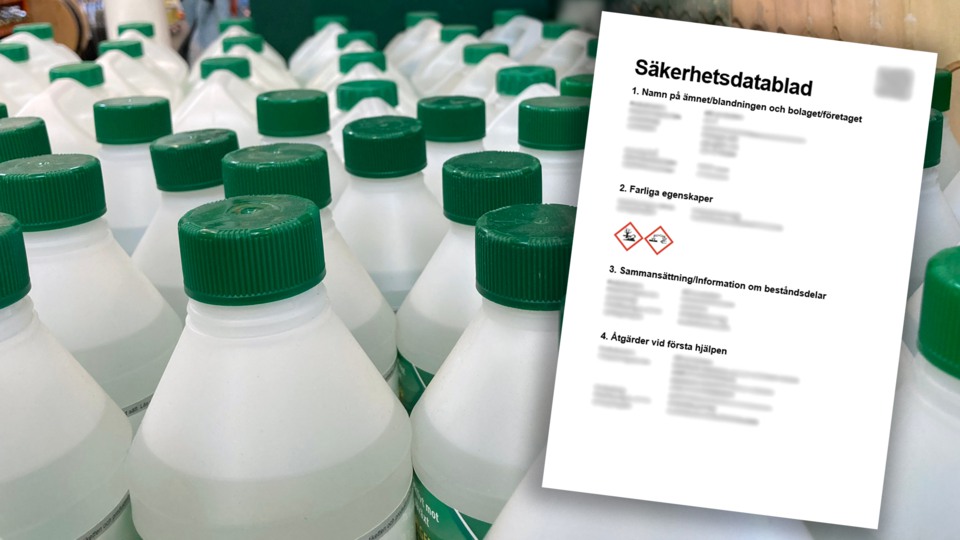 Skiss av ett säkerhetsdatablad och flaskor med kemiska produkter